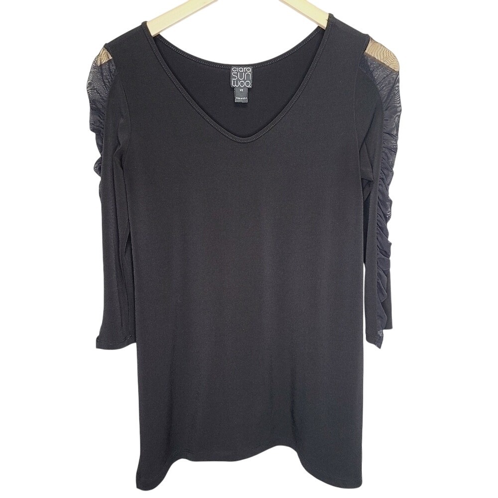 Clara Sunwoo Black V-Neck Top Mesh Ruffle 3/4 Sleeve Side Slit XS Made in USA
